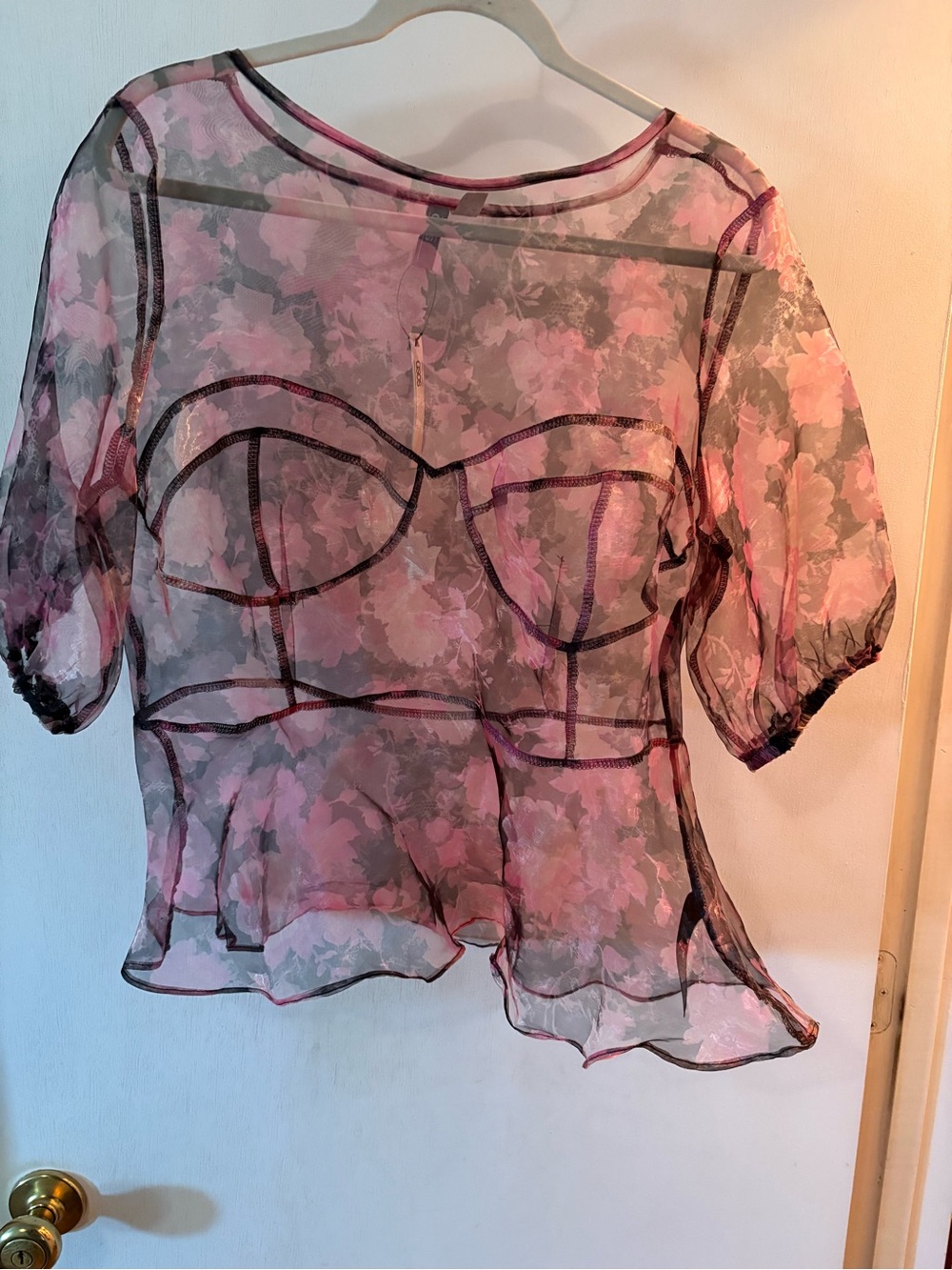 Sheer Pink Floral Short Sleeve Blouse